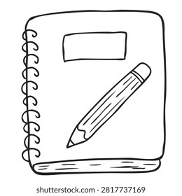 A simple black and white line art drawing of a spiral bound journal or notebook with a wooden pencil placed diagonally across the cover.