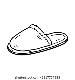 A simple black and white line art drawing of a single fluffy house slipper viewed from the side