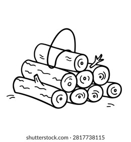 A simple black and white line art drawing showing a small stack of chopped wooden logs used for a fireplace or camping fire