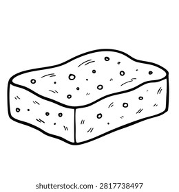 A simple black and white line art drawing of a rectangular household sponge with porous texture and bubbles