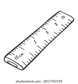 A simple black and white line art sketch of a standard school ruler measuring 15 centimeters long with clearly marked increments.