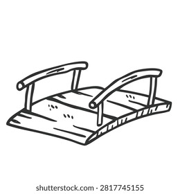 A simple black and white line art drawing of a rustic wooden bridge with arched railings isolated on a plain background.