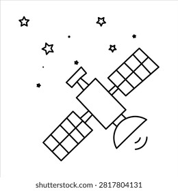 A simple black and white line art icon of a space satellite orbiting in the starry night sky.