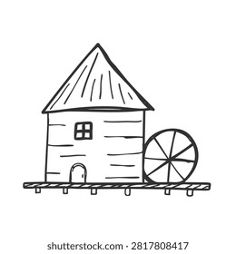 A simple black and white line art drawing of a rustic water mill featuring a conical roof, a small window, a wooden door, and a large water wheel on the side.
