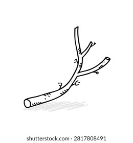 A simple black and white line art drawing of a tree branch or wooden stick with small offshoots on a white background