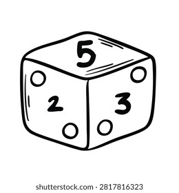 A simple black and white line art drawing of a cubic dice showing numbers five two and three on its faces