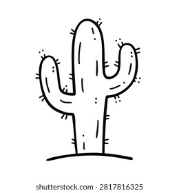 A simple black and white line art sketch of a saguaro cactus with two arms on a plain white background