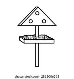 A simple black and white line art illustration of a bird feeder with a triangular roof, a tray filled with seeds, and a central support pole.
