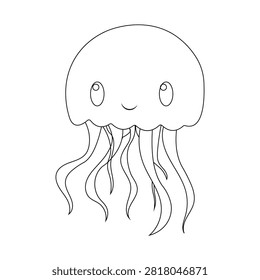 A simple black and white line art illustration of a cute jellyfish on a white background, ideal for educational or decorative purposes.