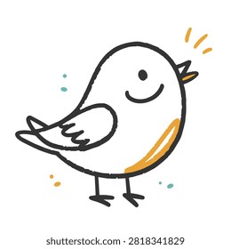A simple black and white line art illustration of a happy cartoon bird with a small orange accent on its chest and chirping marks