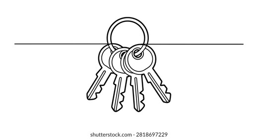 A simple black and white line art illustration of a metal key ring with four keys hanging from a horizontal line for home security or real estate Vector, illustration