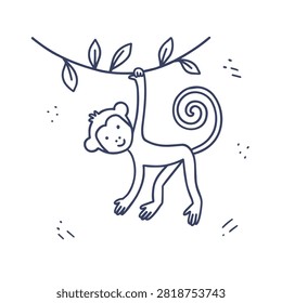 A simple black and white line art illustration of a cheerful little monkey hanging from a leafy branch with a curled tail.