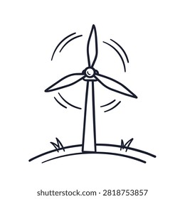 A simple black and white line art doodle of a rotating wind turbine standing on a small grassy hill representing sustainable power