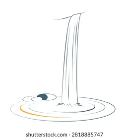 A simple black and white line art illustration featuring a tall narrow waterfall cascading into a circular basin or pond with subtle ripples and a small rock.