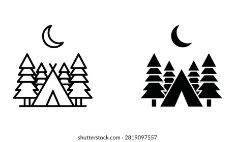 Simple black and white line art icons depicting a crescent moon and three pine trees for camping or nature themes.