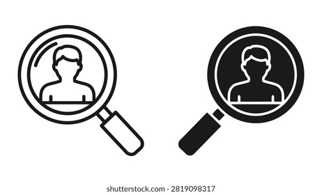 Simple black and white line art illustration of two magnifying glasses with happy and sad face icons for comparison or decision making.