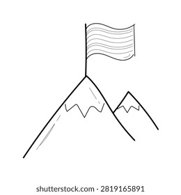 Simple black and white line art depicting a flag waving atop a mountain peak, representing triumph, ambition, and reaching highest objectives.