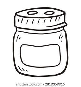A simple black and white line art drawing of a small container or jar featuring a textured lid and a blank label area in the center.