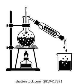 Simple black and white line art of a distillation apparatus showing a flask, thermometer, condenser, and beaker. Ideal for science education materials.