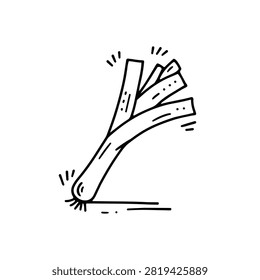 A simple black and white line art sketch of a leek vegetable isolated on a white background in a hand drawn doodle style