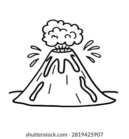A simple black and white line art drawing of a volcanic eruption featuring smoke clouds and flowing lava streams