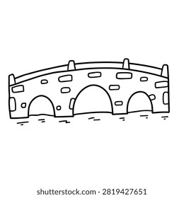 A simple black and white line art drawing of an old stone bridge with three arches spanning across a small body of water.