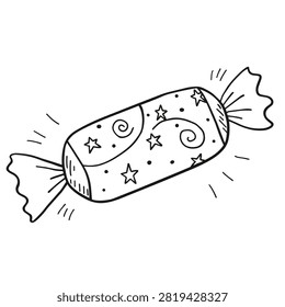 A simple black and white line art illustration of a wrapped candy decorated with star and swirl patterns.