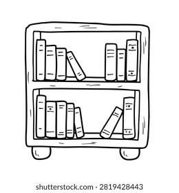 A simple black and white line art sketch of a small two-shelf bookcase filled with standing and leaning books.