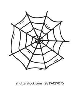 A simple black and white line art illustration of a spider web sketched in a doodle style