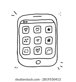 A simple black and white line art drawing of a tablet or smartphone with various app icons displayed on the screen