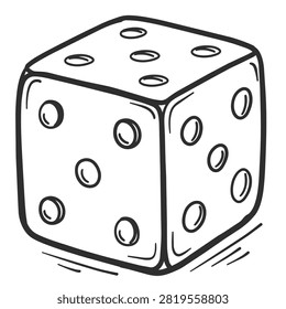 A simple black and white line art sketch of a gaming die featuring dots on visible sides