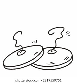 A simple black and white line art illustration of musical cymbals used in a drum set or percussion ensemble