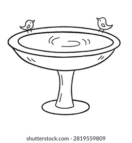 A simple black and white line art drawing of a pedestal bird bath featuring two small birds sitting on the rim with ripples in the water