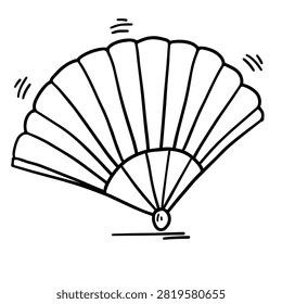 A simple black and white line art sketch of a traditional folding fan depicted in a doodle style