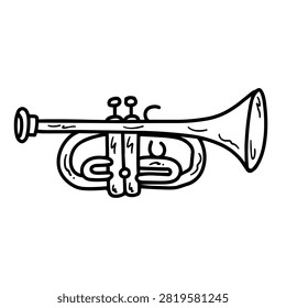 A simple black and white line art drawing of a classic trumpet musical instrument isolated on a white background