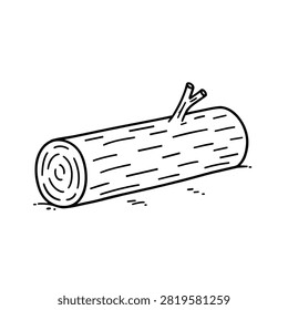 A simple black and white line art drawing of a single wooden log showing tree rings on the end and a small twig branch on the side
