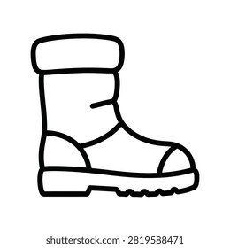 A simple black and white line art illustration of a warm winter boot designed for cold weather