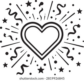 A simple black and white line art illustration of a heart shape surrounded by festive confetti and stars. This design conveys feelings of love, joy, celebration, and happiness. It is perfect for greeting cards, wedding invitations, romantic projects, or event decorations. The clean and minimal style makes it versatile for various print and digital media uses, providing a classic and elegant look for any project involving affection or parties.