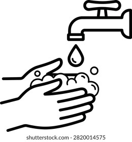A simple black and white line art icon showing hands being washed with soap under a running water faucet.