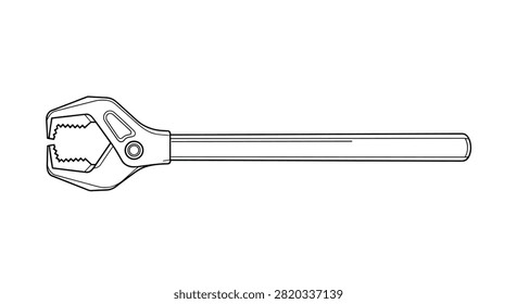 Simple black and white line art illustration of an adjustable plumbing wrench with a long handle and toothed jaws.