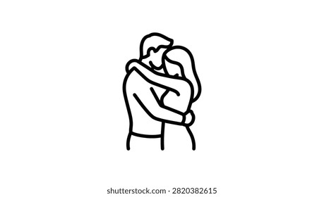 A simple black and white line art icon depicting a romantic couple in an intimate embrace