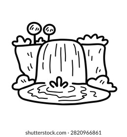 A simple black and white line art drawing of a waterfall cascading into a small pond surrounded by bushes and trees in a cute doodle style