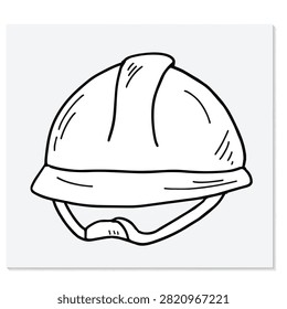 A simple black and white line art drawing of a safety helmet used for construction, engineering, and industrial work, isolated on a plain background.
