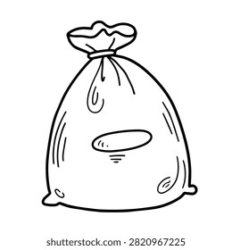 A simple black and white line art drawing of a tied sack or pouch with a blank label area on the front