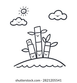 A simple black and white line art illustration featuring three cute smiling bamboo stalks standing together on a small grassy hill.