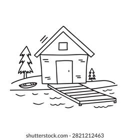 A simple black and white line art sketch featuring a rustic cabin house by a lake with a small wooden dock and pine trees