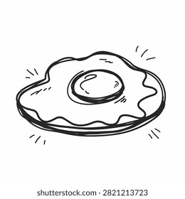 A simple black and white line art sketch of a sunny side up fried egg centered on a circular plate