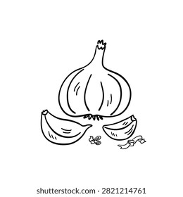 Simple black and white line art sketch featuring a whole garlic bulb accompanied by two separate garlic cloves on a plain white background