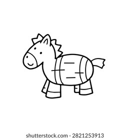 A simple black and white line art drawing of a friendly zebra character isolated on a white background for coloring activities.