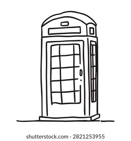 A simple black and white line art sketch of a traditional London telephone booth isolated on a white background